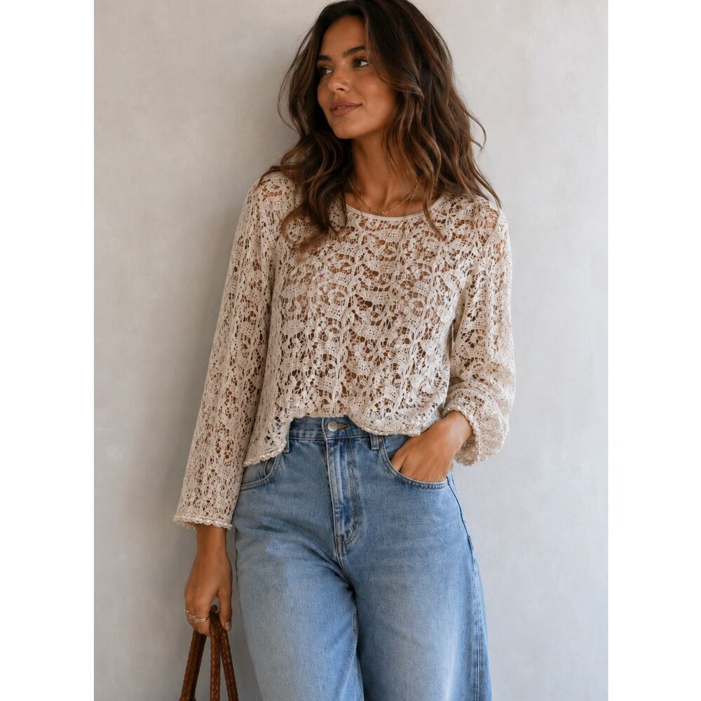 Joie Cream Lace Sheer Blouse Womens S Boxy Cropped Fit Beachy Casual Shirt Top